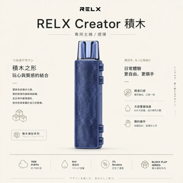 RELX 悅刻 Creator積木 7000口 拋棄式電子煙入門套裝 含主機/6ml儲油/3%尼古丁鹽