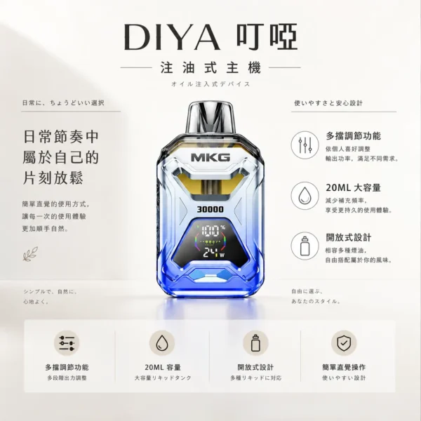 MKG 智能注油小煙主機 液晶顯示數據/多檔POWER模式/20ml開放式注油/快充續航/通用小煙煙油