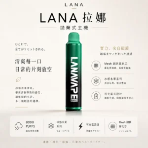 ChatGPT-Image-2026年8月23日-下午04_28_25.webp LANA ZOLT 8000口 拋棄式電子煙 15ml煙油/冰感水果/Mesh網狀霧化芯/爆發力強/配置可充電式設計