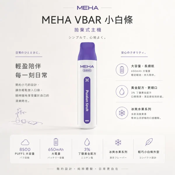 MEHA VBar 魅嗨 小白條 8500口 拋棄式電子煙 3%尼古丁鹽/黃金配方/冰爽水果/8500口大容量/650mAh可充電設計