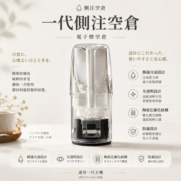 一代通用側注空倉 全透明殘油可見/側邊注油/內建陶瓷芯順滑不焦/通用一代主機