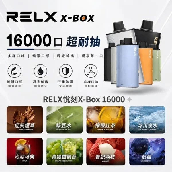 RELX-X-box-16000-RELX拋棄式16000口-RELX電子煙官網.webp RELX 悅刻 X-BOX 16000口 專用換彈拋棄式電子煙套裝 12W-16W/3%尼古丁鹽/Mesh芯