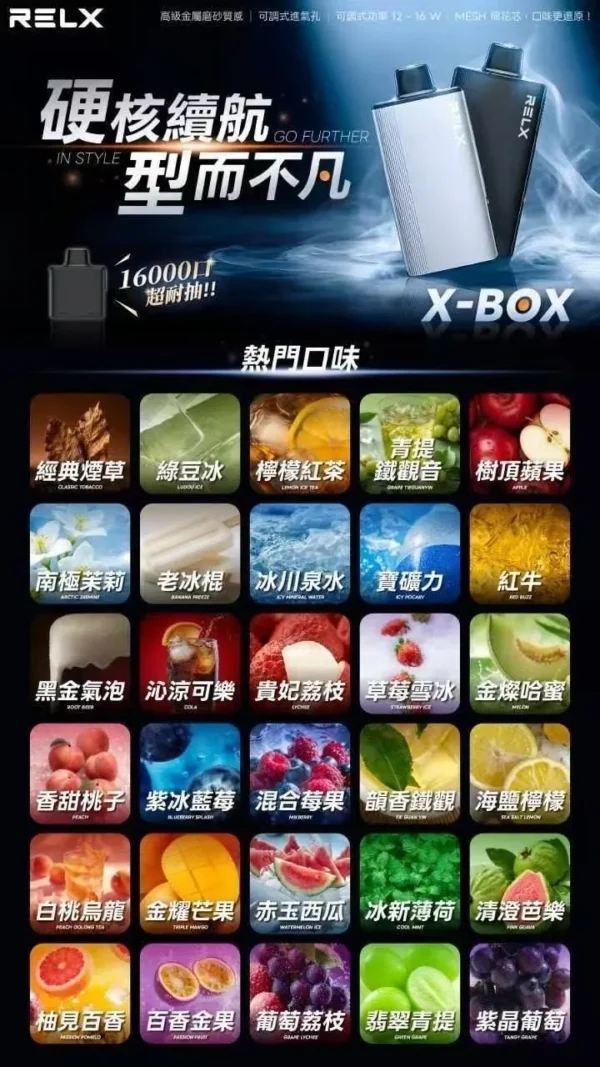RELX-悅刻-X-BOX-16000口拋棄式電子煙-風味圖.webp RELX 悅刻 X-BOX 16000口 專用換彈拋棄式電子煙套裝 12W-16W/3%尼古丁鹽/Mesh芯